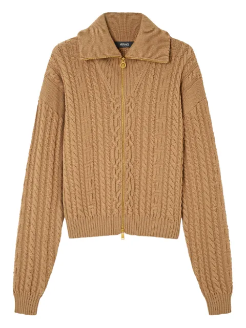Versace embroidered wool knit zip sweater Brown 10217931A16356