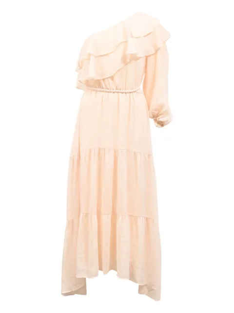 Maje Racha one-shoulder ruffled midi dress Neutrals TONPUHKCL463872W