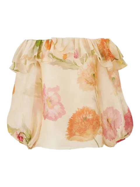 Carolina Herrera Poppy-Print organza puff Sleeve Top Neutrals R2611N213PRG