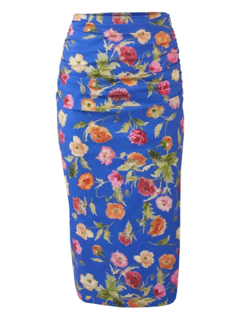 Carolina Herrera Poppy-print ruched midi skirt Blue R2611N314PSR00475
