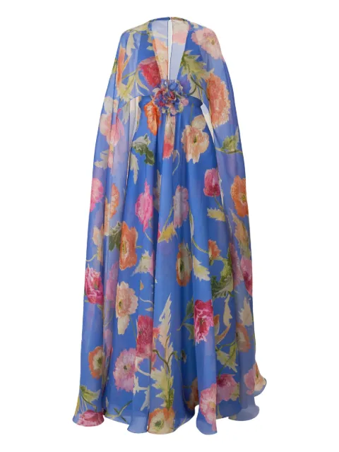 Carolina Herrera Poppy-print organza gown with cape Blue R2611E703PRG