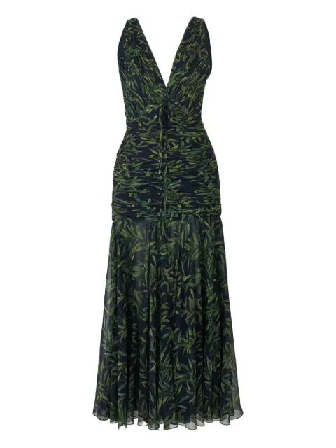 Carolina Herrera olive branch-print gathered midi dress Blue R2611N575OBC