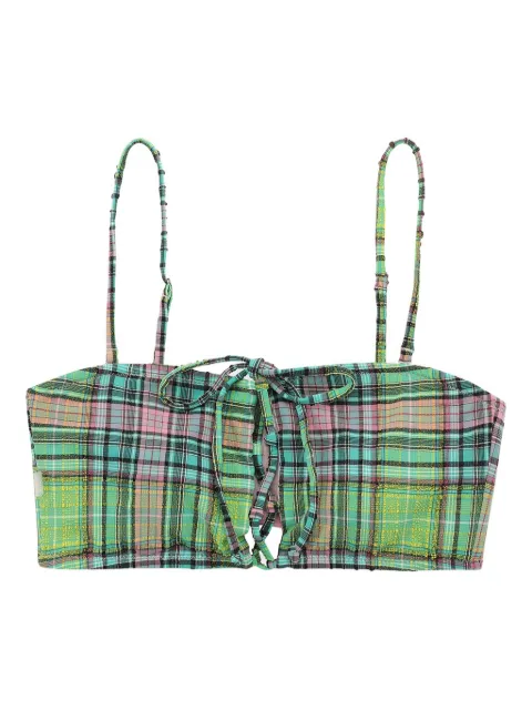 GANNI tie-front plaid bikini top Green A4796