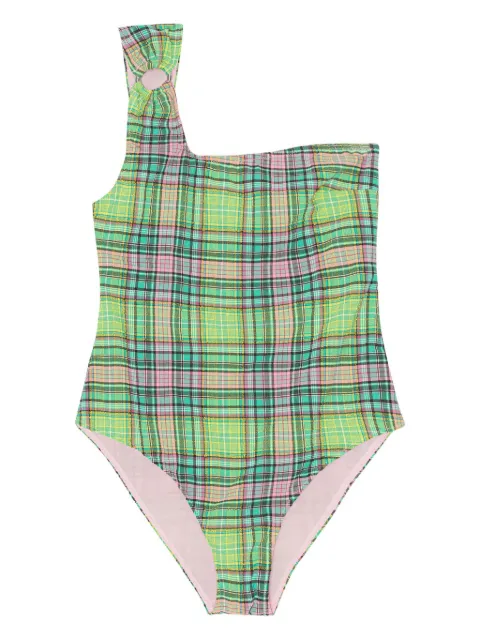 GANNI one-shoulder plaid-patterned swimsuit Green A4795