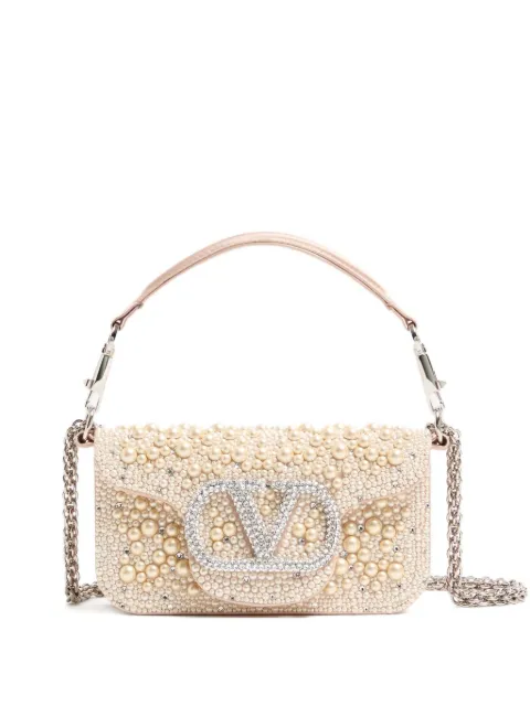 Valentino Garavani Locò small shoulder bag with pearls, rhinestones and jewel logo Neutrals WB0K53JMK
