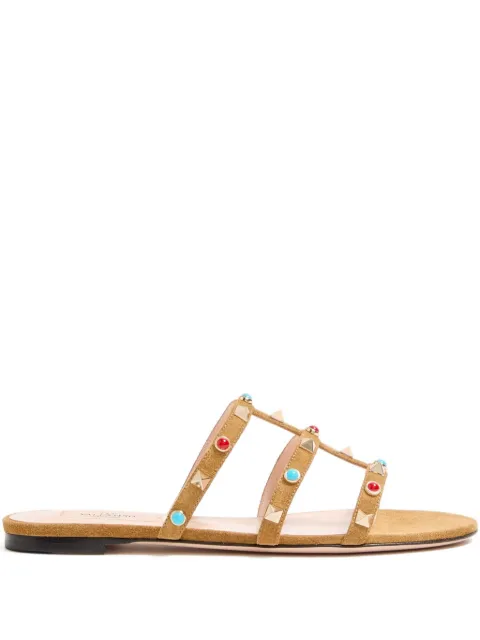 Valentino Garavani Rockstud slide sandals in split leather with cabochon stones Brown WS0C49JTI