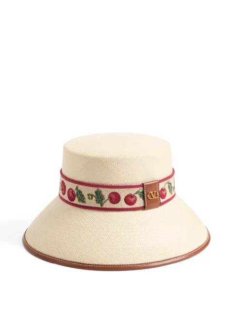 Valentino Garavani Cherryfic straw bucket hat with leather trim and Cherryfic ribbon Neutrals WHGA40IKE