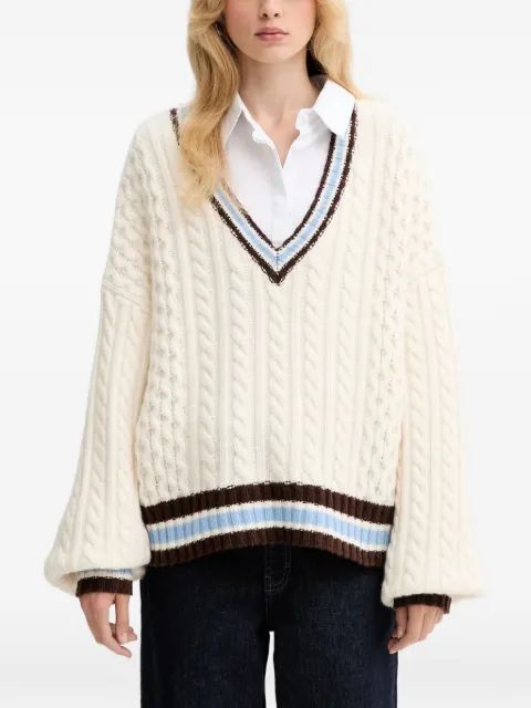Gestuz cable-knit striped V-neck sweater Neutrals 10910535