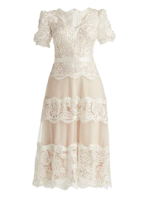 Tadashi Shoji Belline lace ribbon midi dress White CIM21108MDIVPTL