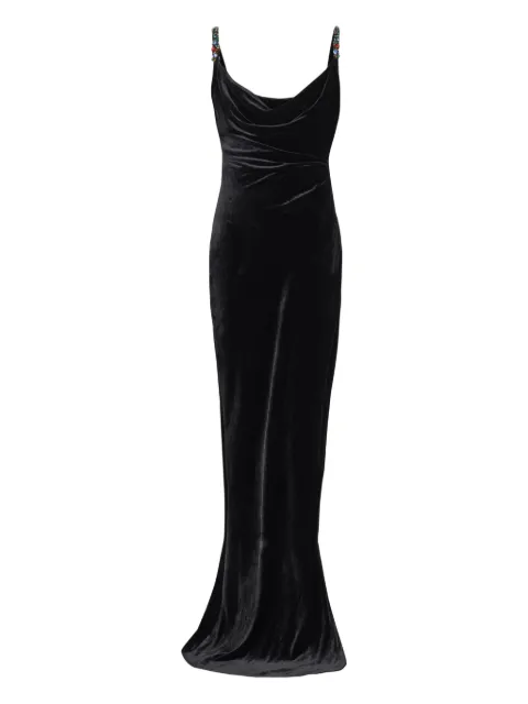 Balmain long velvet dress with embellished straps Black GF1RN360PD38