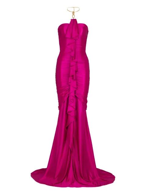 Balmain long draped bustier dress with embellished detail Pink GF1RM370JK74