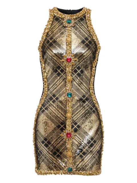 Balmain short-sleeveless dress with plaid embroidery Gold GF1R3380PD35