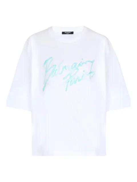 Balmain boxy T-shirt with Balmain Paris brush print White GF1EG110BD41
