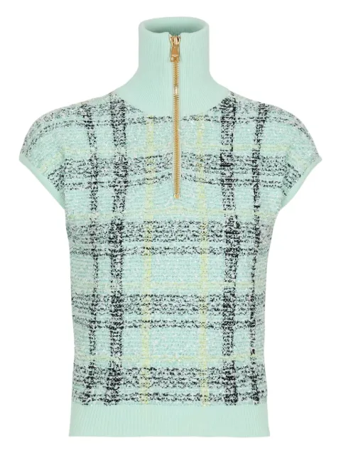 Balmain plaid-detail zip-fastening top Green GF1GB025KJ56