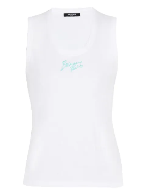 Balmain relaxed tank top with Balmain Paris brush print White GF1EB075BD40