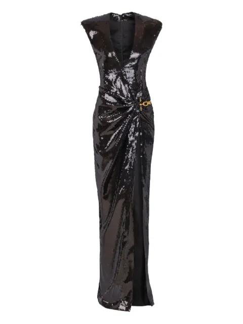 Balmain long draped sequin dress with embellished detail Black GF1RPB05XL64