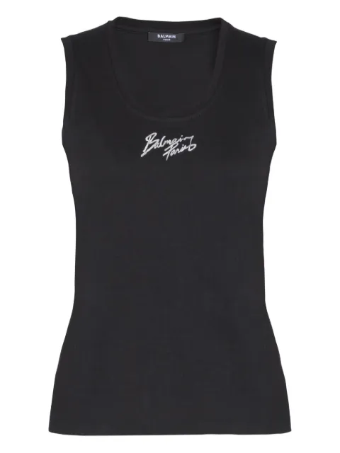 Balmain relaxed tank top with Balmain Paris brush print Black GF1EB075BD40