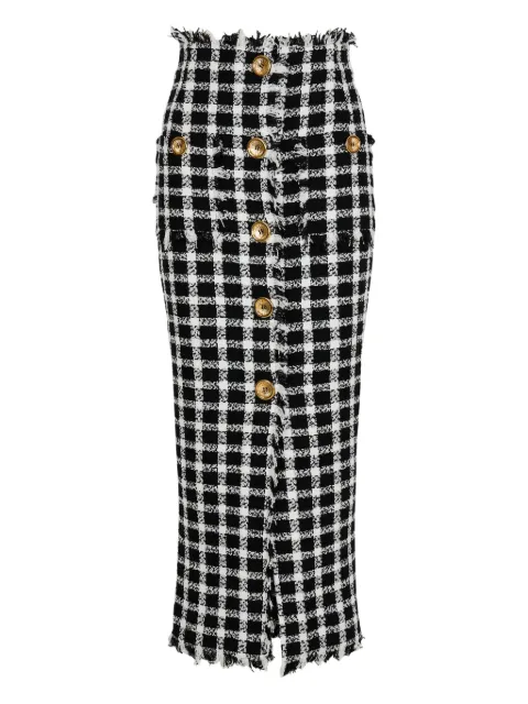 Balmain long gingham tweed skirt Black GF1LE690CG47