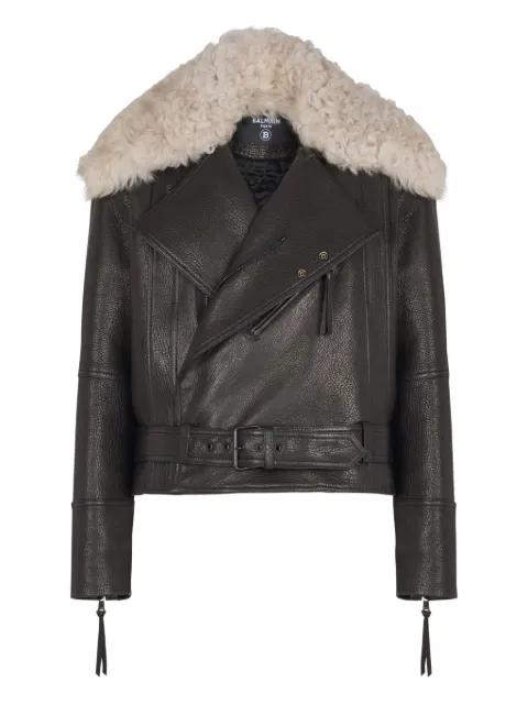 Balmain shearling-collar leather jacket Black GH1TD575LE31