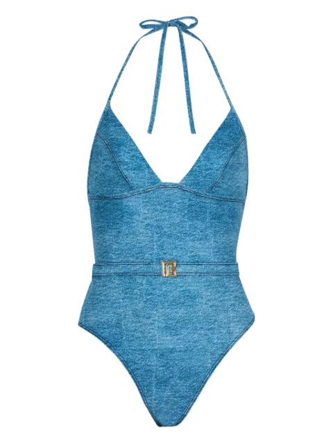 Balmain logo-plaque swimsuit Blue BKBL32520427
