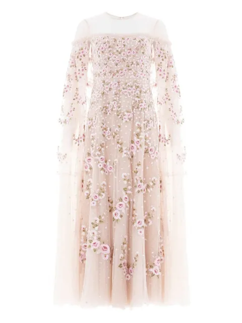 Needle & Thread CRESCENT ROSES cape-detail midi dress Neutrals DGCP40RCR26OMU