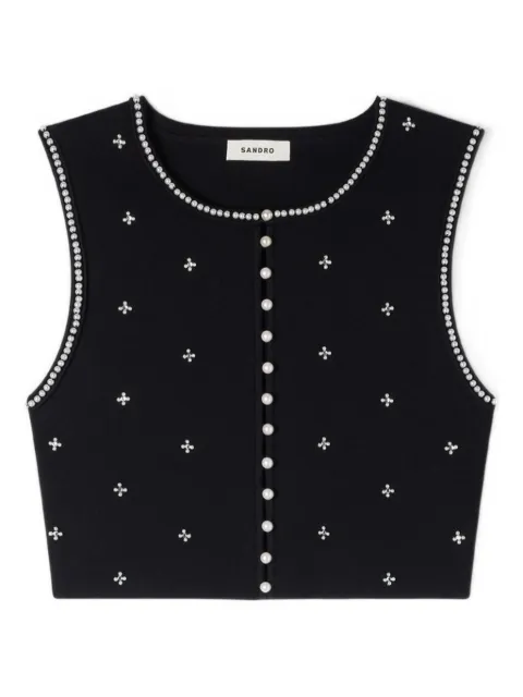 SANDRO jewelled embroidered knit crop top Black SFPPU02752
