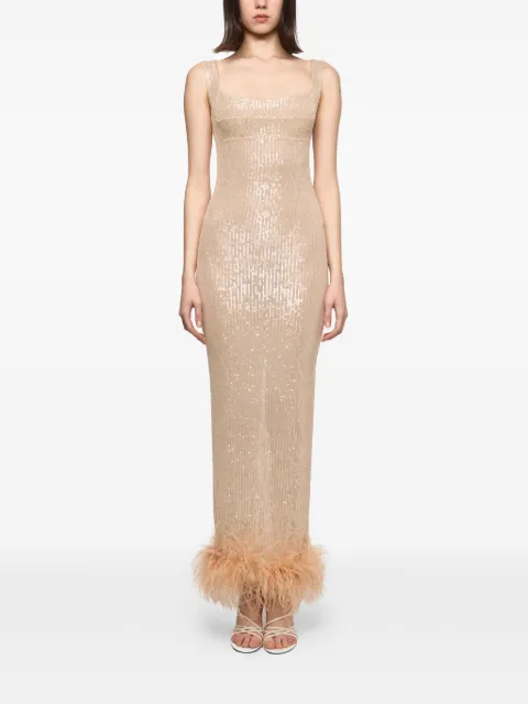 Atu Body Couture sequined feather-trimmed maxi dress Neutrals AT26104