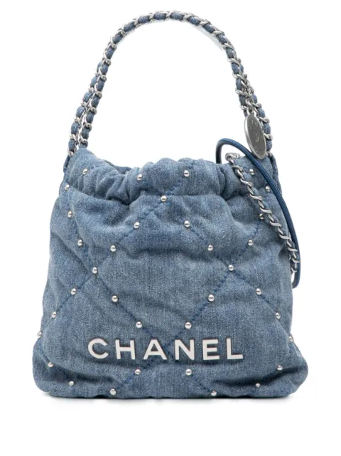 CHANEL Pre-Owned 2021-2025 Mini Denim Studded 22 Handbag satchel Blue 3VEQK1LPAUUAATTY