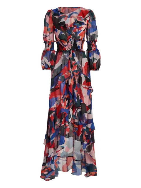 PatBO ruffled-printed asymetric dress Blue SPL20976USPOPPY