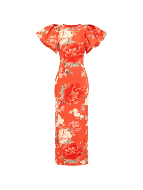 Leo Lin Lucinda floral puffed-sleeves midi dress Orange LLRE26055