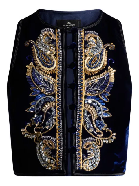 ETRO paisley foliage embroidered velvet waistcoat Blue WRDA0027AR435