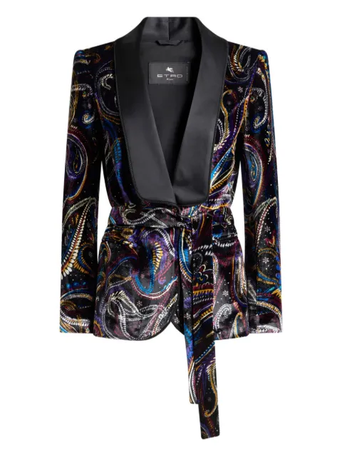ETRO velvet jacket with belt and Paisley foliage motif Black WRCA009199SADH7