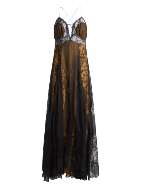 ETRO long silk dress with floral lace inserts Brown WRHA0546AU111