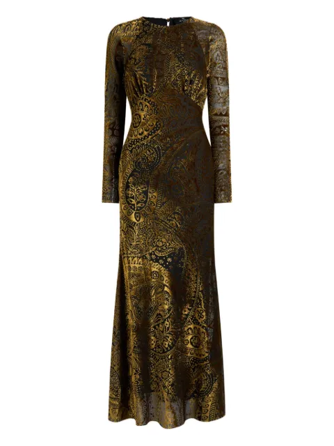 ETRO long burnout velvet dress with floral Paisley motif Gold WRHA046299SADH9