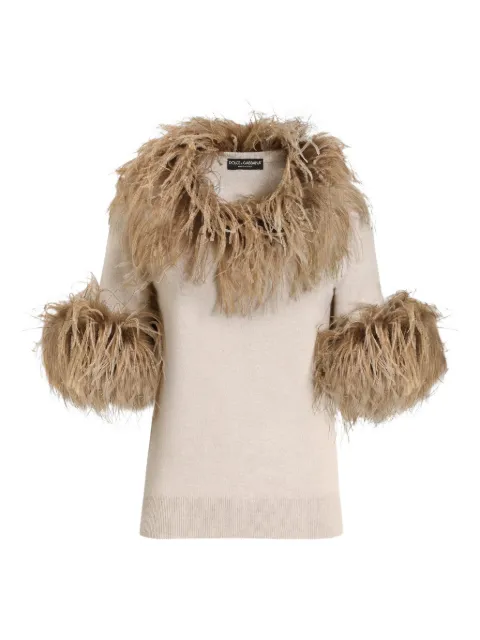 Dolce & Gabbana feather-trim cashmere top Neutrals FXX49ZJBW1M