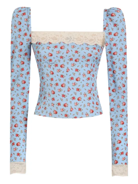 Dolce & Gabbana floral-print lace-trim top Blue F7BK2TFSA79