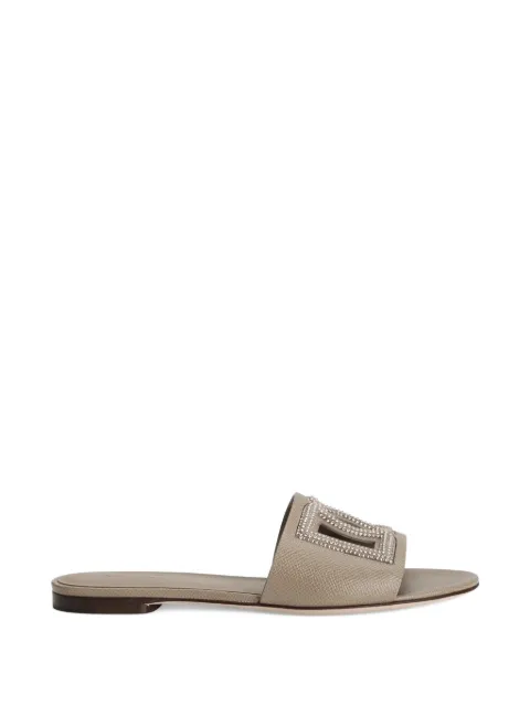 Dolce & Gabbana suede and Dauphine calfskin flat slippers with rhinestones Brown CQ0666A0217