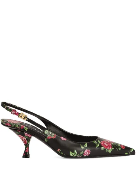 Dolce & Gabbana Lollo calfskin slingback with rose print pumps Black CG1033AZ046