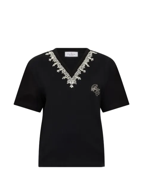 Philipp Plein crystal-embellished V-neck T-shirt Black SAFCWTK3876PJY002N