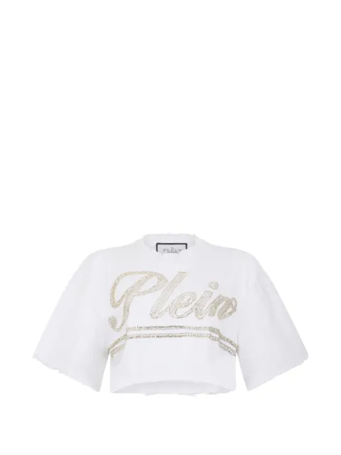 Philipp Plein strass signature cropped T-shirt White SAFCWTK3873PTE004N