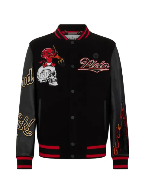 Philipp Plein leather-sleeve skull-detail bomber jacket Black SAFCMRB2932PTE120N