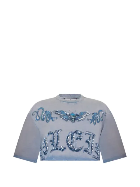 Philipp Plein butterfly-motif cropped T-shirt Blue SAFCWTK3870PTE004N