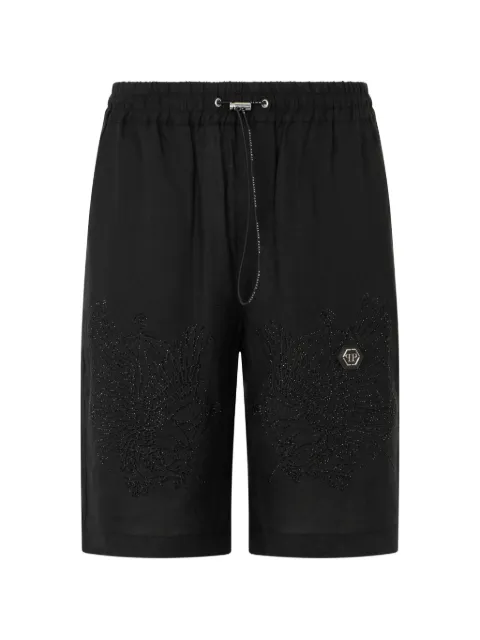 Philipp Plein embroidered linen bowling shorts Black SAFCMRT1643PTE003N