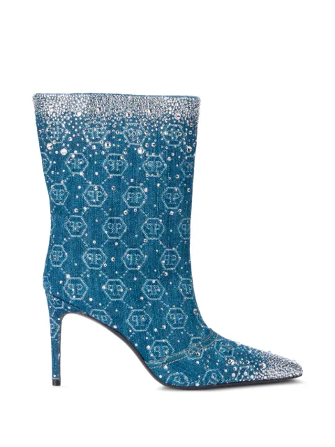 Philipp Plein Strass 9 monogram rhinestone denim boots Blue SAFSWSE0992PDE004N