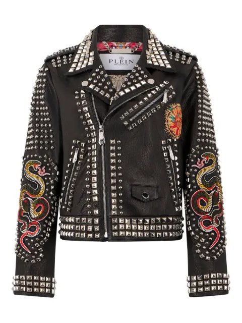 Philipp Plein boxy fit biker jacket studs & patches Black SAFCWLB1196PLE010N