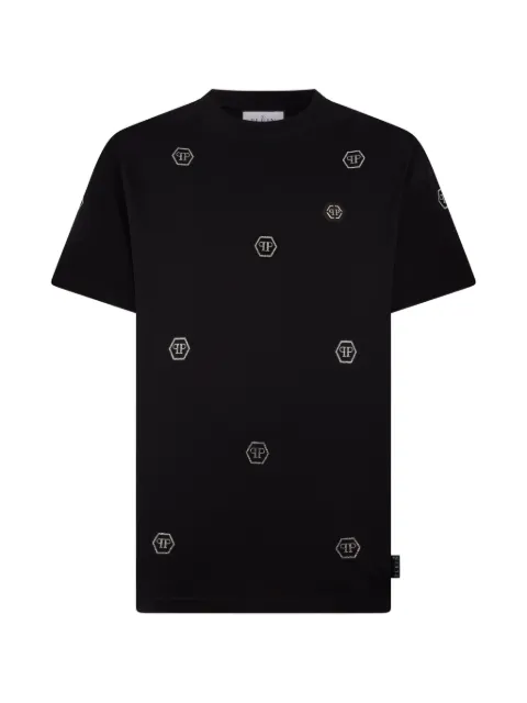 Philipp Plein rhinestones monogram T-shirt Black SAFCMTK8730PJY002N