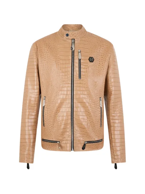 Philipp Plein croco print biker jacket Neutrals SAFCMLB2035PLE010N