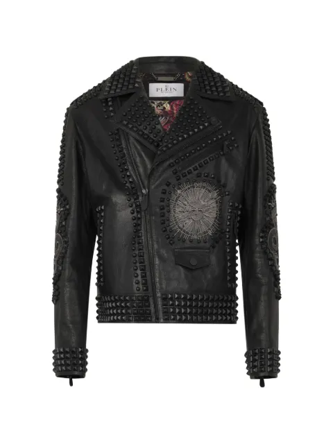 Philipp Plein studs embroidered leather biker jacket Black SAFCMLB2027PLE010N