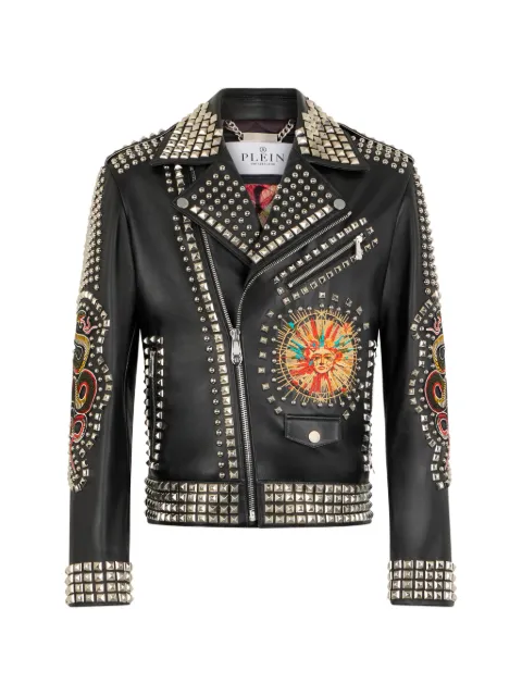 Philipp Plein leather biker jacket studs & patches Black SAFCMLB2026PLE010N