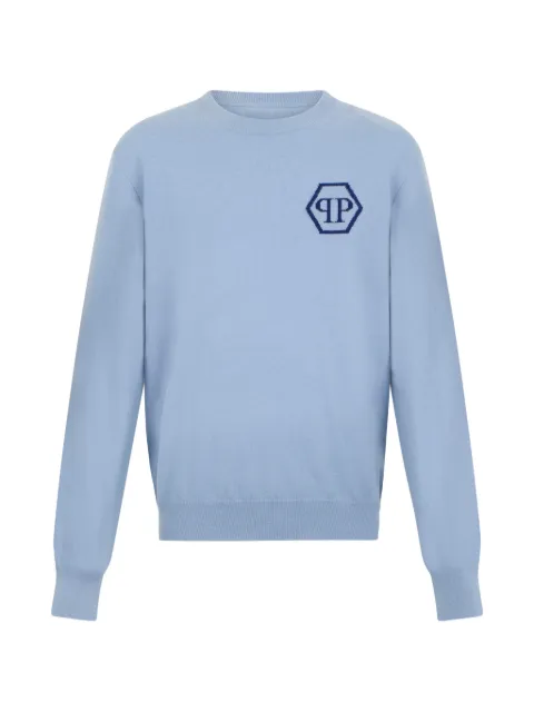 Philipp Plein jacquard hexagon roundneck knitwear Blue SAFCMKO1554PTE098N